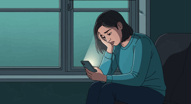 Woman Gazing At Her Phone, Contemplating In A Gloomy Room at Night Time