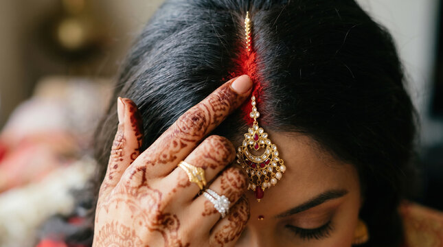 Indian woman applying traditional red powder on hairline with decorative jewelry and henna hands
