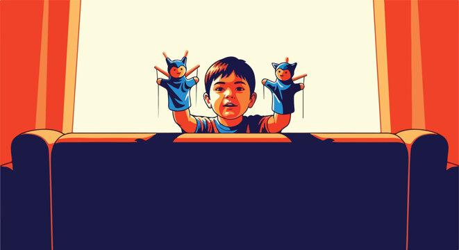 Boy presenting a vibrant puppet show with two blue cat-like puppets from behind a couch