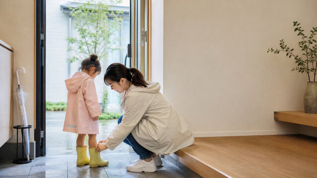子育てと梅雨の暮らしを表現した玄関での親子