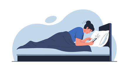 Fototapeta premium Woman In Bed Using Smartphone At Night, Staying Awake, And Connected To The World