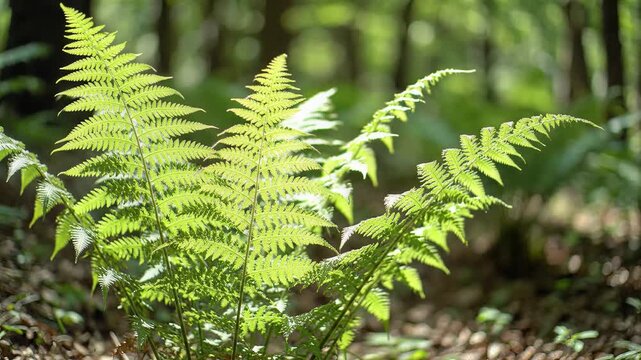 Lush Green Ferns Flourish in Sunlit Forest Undergrowth.
