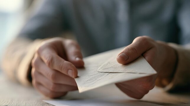 Person's hands holding an envelope. the person is sitting at a wooden table and appears to be in the process of sending or receiving an email. the envelope is white and has a flap on top.