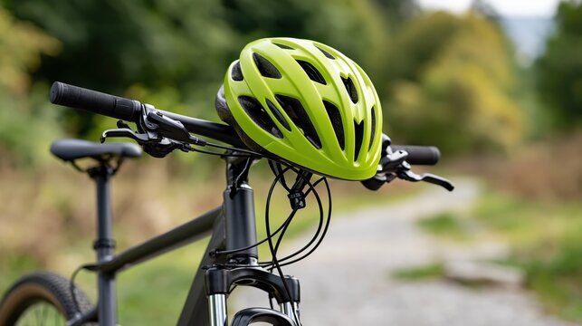 Bright lime green helmet rests on handlebars of a black bicycle on a trail