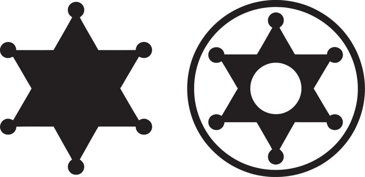 Sheriff, western police star badge collection with hexagonal medal style vector symbol representing authority, security, and classic cowboy sheriff identity for retro and modern graphics.