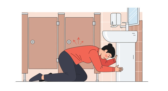 Woman Kneels In Public Restroom Holding The Sink Due To Physical Discomfort