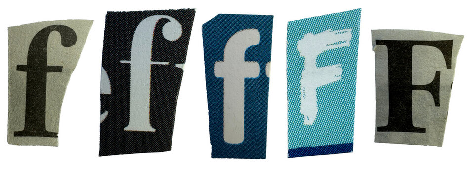 Hand-cut ransom note alphabet letter F made from vintage newspaper and magazine clippings. Grungy textured paper letters isolated on white background. Real paper collage style mixed fonts