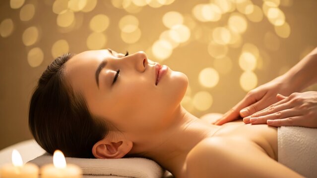 Relaxing woman receiving a soothing massage in a luxurious spa setting with warm ambient lighting and a peaceful atmosphere for wellness and self-care