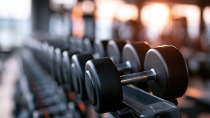 Fototapeta premium Row of dumbbells on a rack in a modern gym