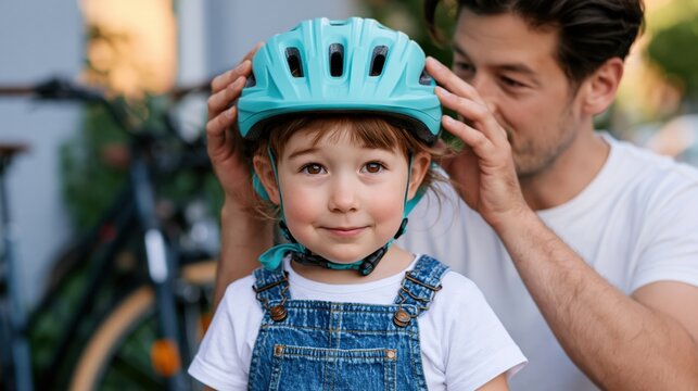 Father carefully places a turquoise bicycle helmet on his young daughter's head