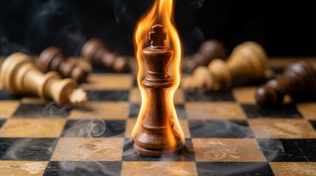 Chess king burns fiercely on checkered board. Smoke curls around burning piece. Fallen pawns lie scattered nearby. Fire symbolizes risk, power, or loss. Image conveys high stakes, drama