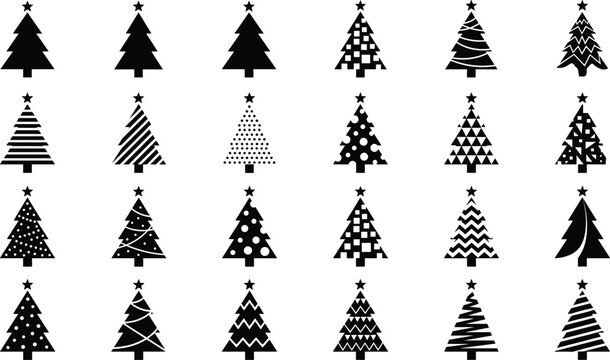 Large collection of black and white Christmas tree silhouettes with various geometric patterns and stars for festive holiday graphic design