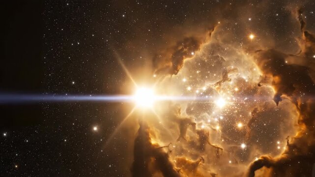 Celestial Burst: A dazzling display of cosmic artistry unfolds, showcasing a vibrant celestial light in the expanse of deep space. Sparkling light with golden swirls that forms in the universe. 
