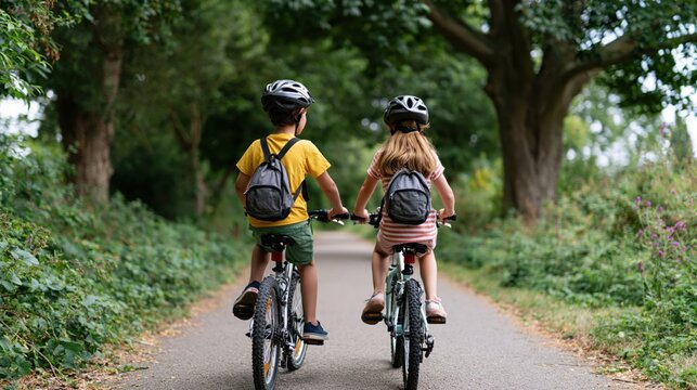 Two children wearing helmets ride bikes on a paved path through a green, tree-lined park