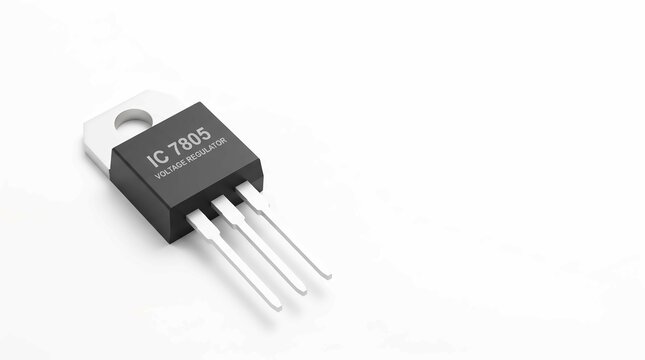 close-up of ics 7805 voltage regulator chip on white background for electronics design