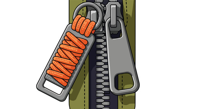 Detailed illustration of two zipper pulls on olive fabric, one with wrapped orange rope