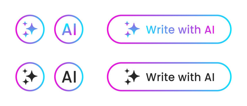 Write with Ai button set. Rewrite prompt pushbutton. AI generate toggle with gradient outline. Ai generate sidebar design for UI UX, apps, websites, and Interfaces