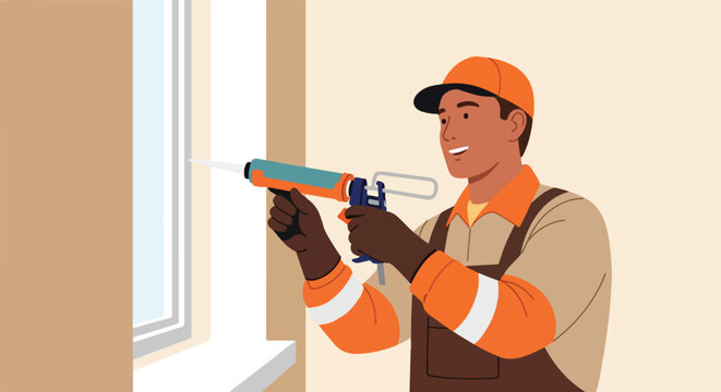 Skilled worker sealing window with caulk gun, improving insulation and home repairs