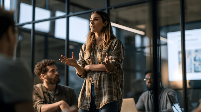 Leadership Discourse: A dynamic leader commands attention, her words resonating as she presents to an engaged audience in a modern office, fostering collaboration and driving progress.