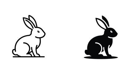 Fototapeta premium Sitting rabbit silhouette and line art icon set isolated on white background for animal and wildlife design