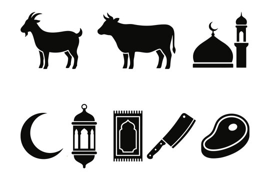 Black silhouette icons of muslim religion symbols and eid al adha offerings