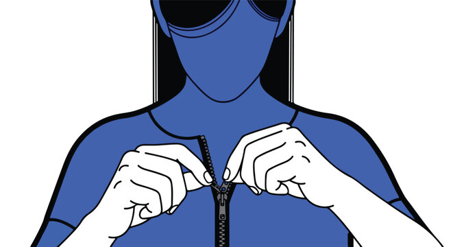 Hands pull a zipper on a blue top, showing a person with dark hair/sunglasses