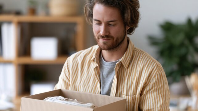 A young man with long curly hair and a beard, wearing a yellow striped shirt. he is holding a cardboard box with a white cloth inside, and he is looking down at it with a slight smile on his face.