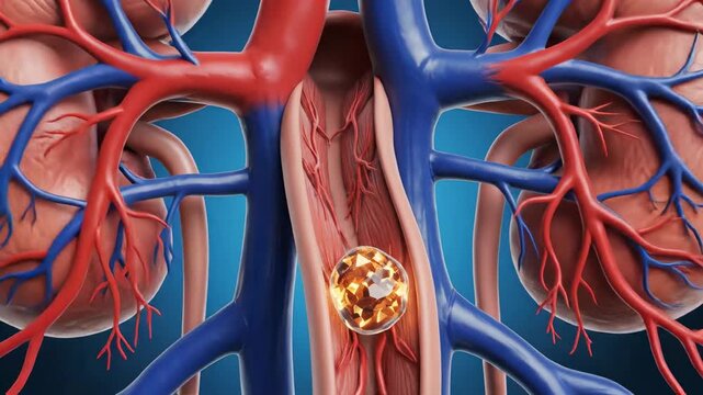 Medical 3d illustration showing a kidney stone lodged in the ureter between human kidneys.