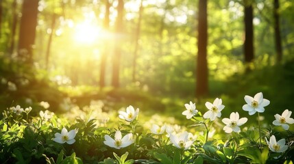 Fototapeta premium Sunlit forest floor with white spring flowers and golden light