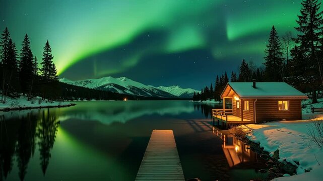 Serene lakeside cabin night with vibrant auroras dancing across the clear sky