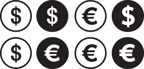 Obraz premium currency symbol icons set black and white dollar and euro signs in circular frames high quality professional detailed modern elegant stylish