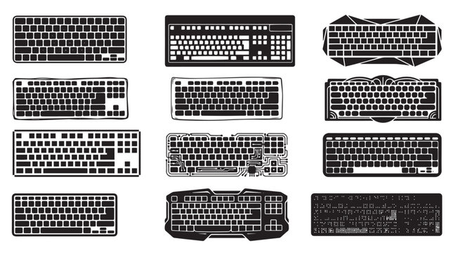 Computer Keyboard Vector Icon Set, Professional Graphic Illustrations of Mechanical, Gaming, and Wireless Keyboards for Technology and Office Design, Digital Assets