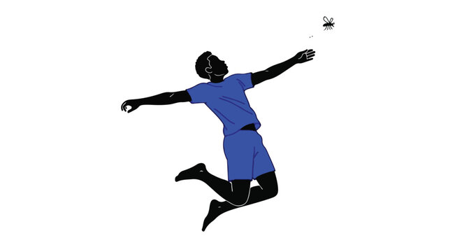 Dynamic silhouette in blue activewear jumps, arm extended to a flying insect