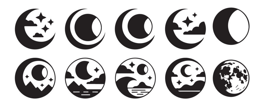 Celestial night sky landscape icons with stars clouds mountains and waves vector graphics.