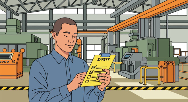 Man checking a 'SAFETY' checklist in a factory surrounded by industrial machinery