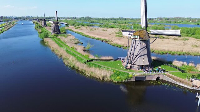 rural dutch country skyline of traditional windmills in Kinderdijk, Netherlands