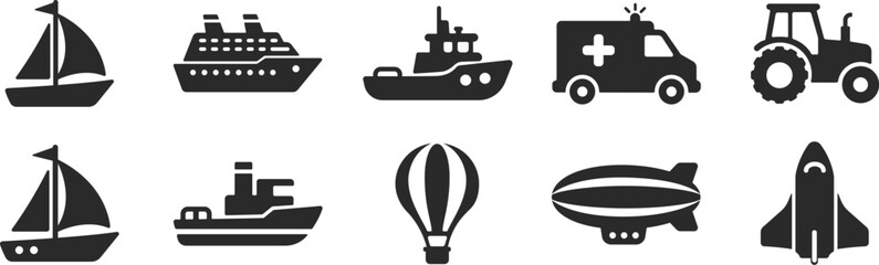Collection of Transportation Icons Sailboat, Cruise Ship, Tugboat, Ambulance, Tractor, Hot Air  © snoobcat