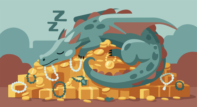 Sleeping green dragon curled protectively on a giant hoard of gold coins and jewelry