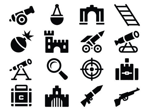Siege Warfare Monochrome Icons for Heavy Artillery Equipment, Castle Breaching and Historical Military Operations