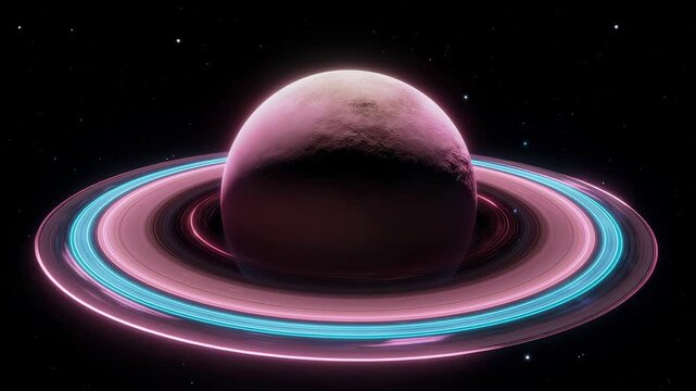 Futuristic Saturn Planet with Iridescent Neon Rings on Deep Black Space Background, AMOLED Live Wallpaper