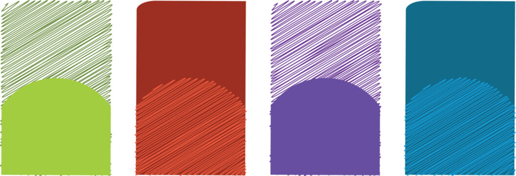 Four vertical rectangular panels featuring hand-drawn scribble textures in green red purple and blue. Each element includes a solid semi-circle arch at the base blending organic linework 