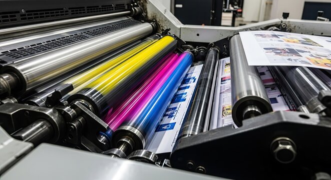 Industrial printing machine operates with magenta, cyan, and yellow ink rollers applying color to paper sheets