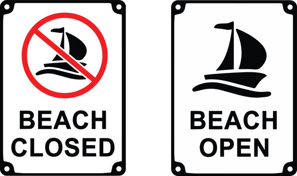 Illustrazione vettoriale di cartelli di segnalazione per spiaggia aperta o chiusa, con indicazioni per bagnanti e barche. Ideale per sicurezza balneare, turismo, segnaletica marittima e gestione costi