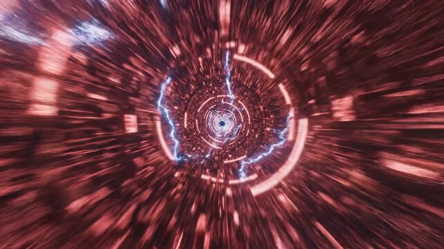 Futuristic hyperspace tunnel with blue energy lightning and red glowing rings representing high speed data transfer.