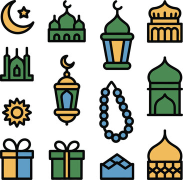 Vibrant islamic architecture illustration with crescent moon and domes