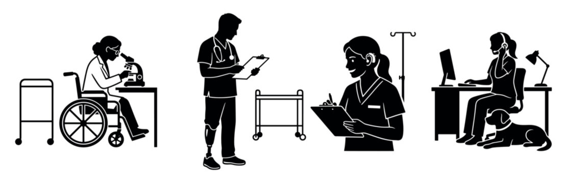 Healthcare workers with disabilities, medical inclusion and diversity concept