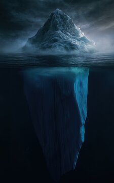 Iceberg split view, deep dark water, stormy sky, hidden danger