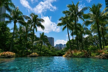 Obraz premium Tropical resort pool with palm trees, city skyline vista, vibrant blue sky