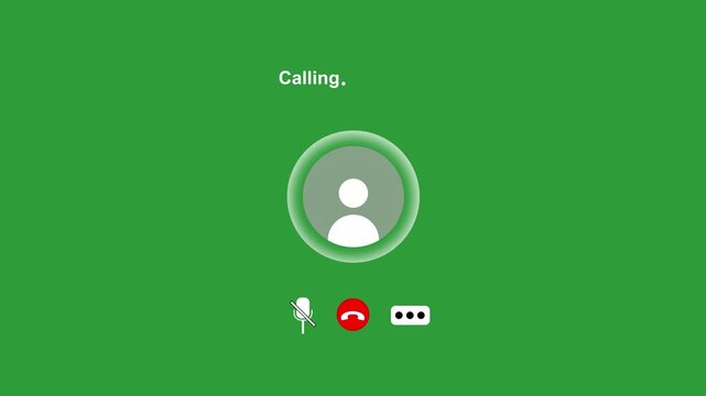 Video call interface with calling text and user avatar icon on green screen background, communication online technology 4k video animation