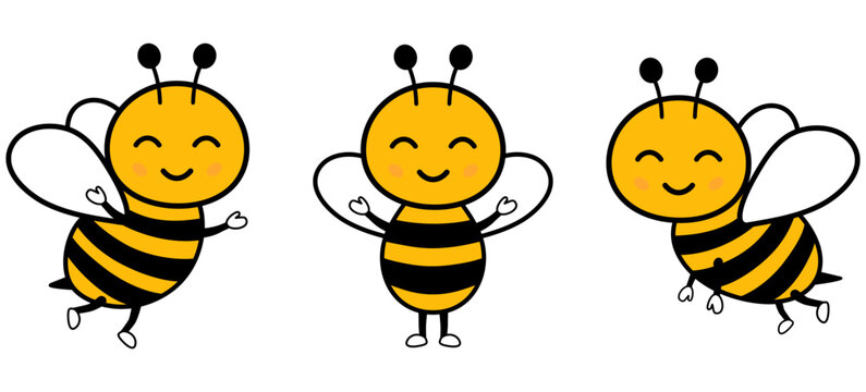 Adorable bees with happy smile and cute expression. Playful honey lover characters set. Vector illustration isolated on white.